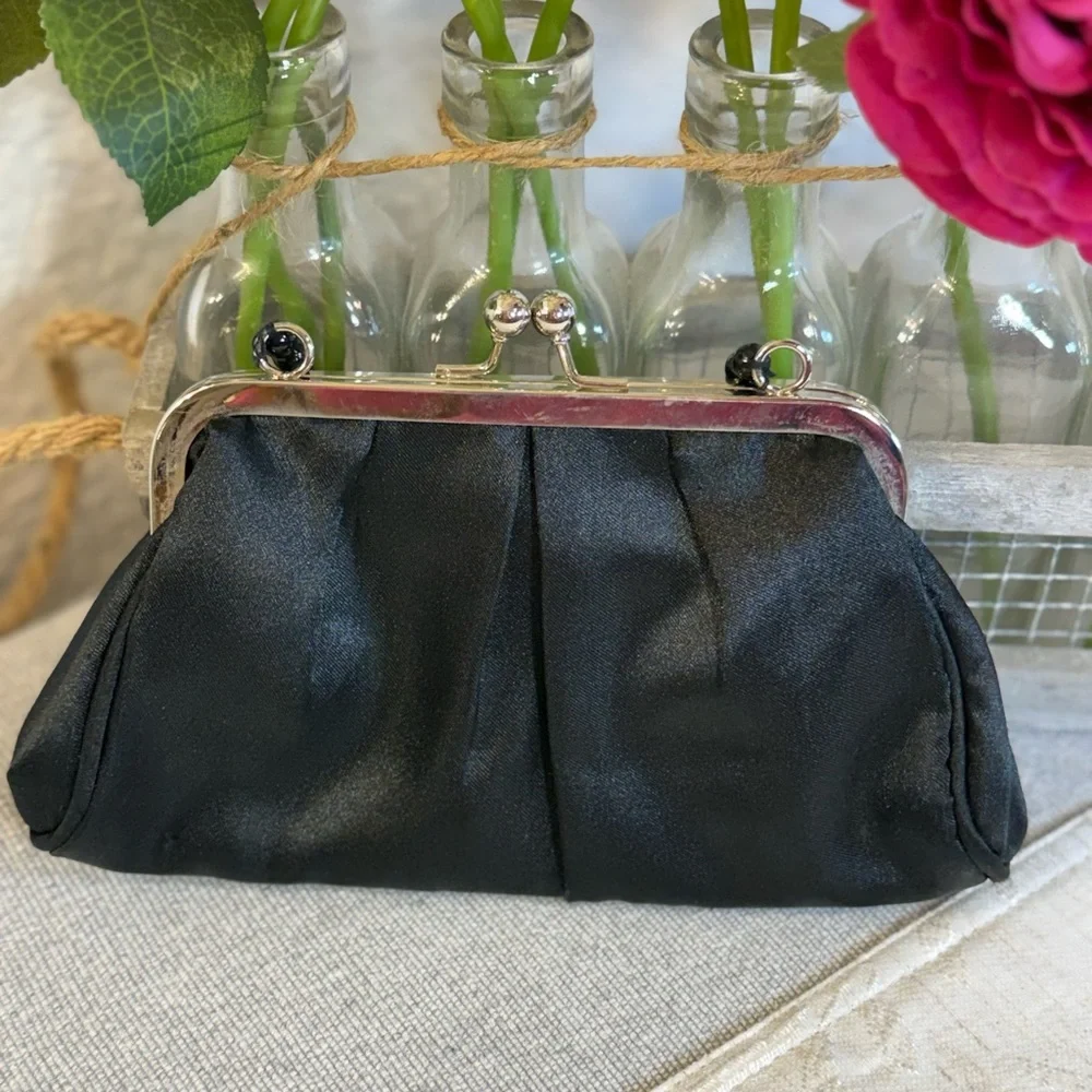 Target Vintage-Style Black Satin‎ Pleated Evening Bag with Beaded Strap 8.25x4.5